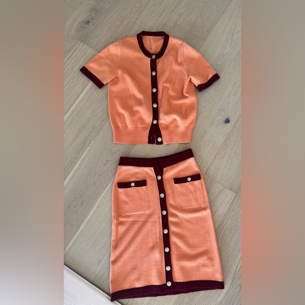 Chanel (sample) Peach and Burgundy Button-Up Cardigan and Skirt Set